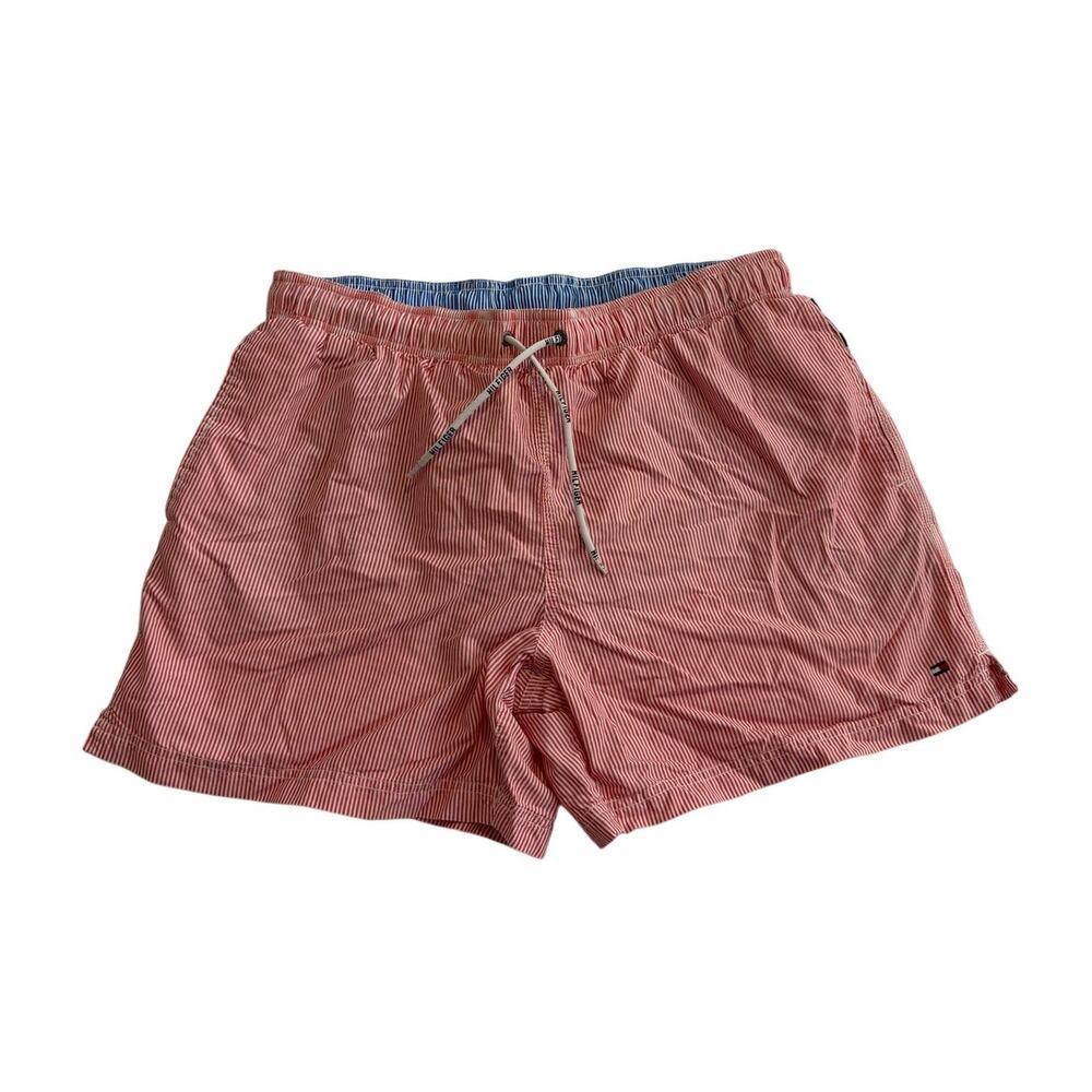 Tommy Hilfiger Swim Trunks Red White Pinstripes Mens Large Drawstring Pockets